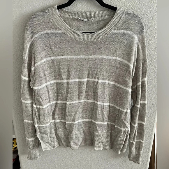 White + Warren Linen Striped Open Crewneck Sweater - Picture 3 of 5